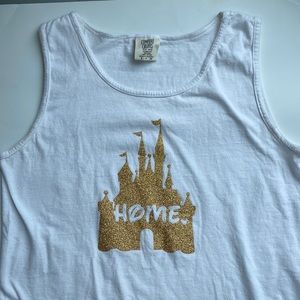 Disney-inspired white muscle tank with gold glitter castle applique